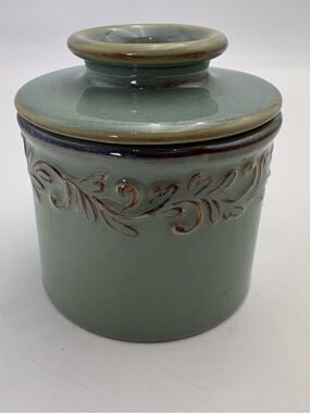 Green Ceramic Butter Bell Crock with Decorative Scroll Band